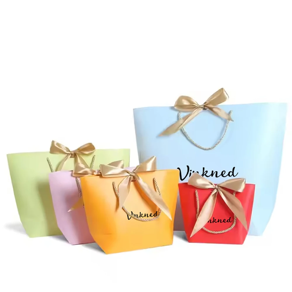 100pcs Bulk Custom Luxury Printed Your Own Logo Paper Tote Bag Shopping Packaging Bag With Ribbon Bow For Clothing Shoes Jewelry