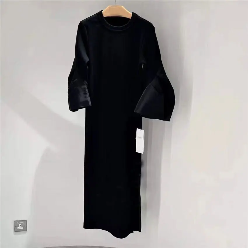 SAC SS26summer Japanese Design Sense Skirt Splicing Flared Sleeve Slim Long Skirt Crew Neck Dress