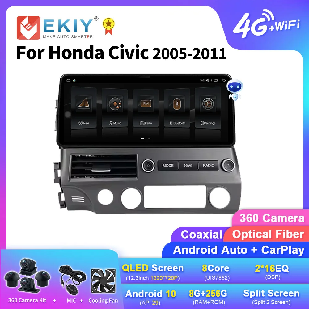 EKIY 12.3inch Wireless CarPlay Android Auto Radio For Honda Civic 2005 - 2012 Car Multimedia Video Player Stereo GPS Navi DVD HU