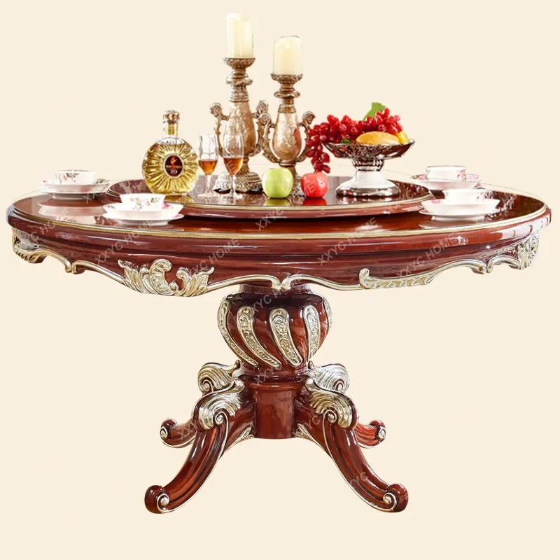 Marble dining table solid wood carving flower round table household dining table with turntable