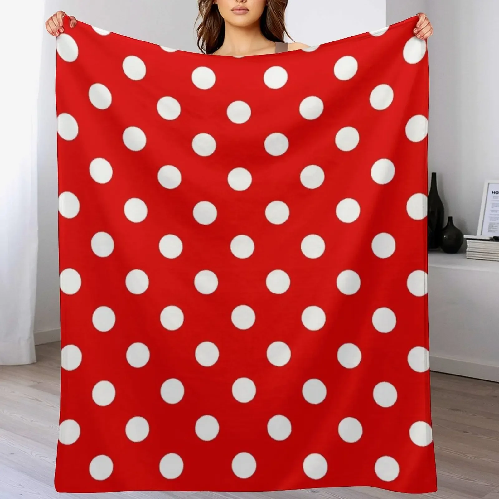 

White Polka Dot on Red Background Throw Blanket Travel Size Cozy Blanket for Plane Train