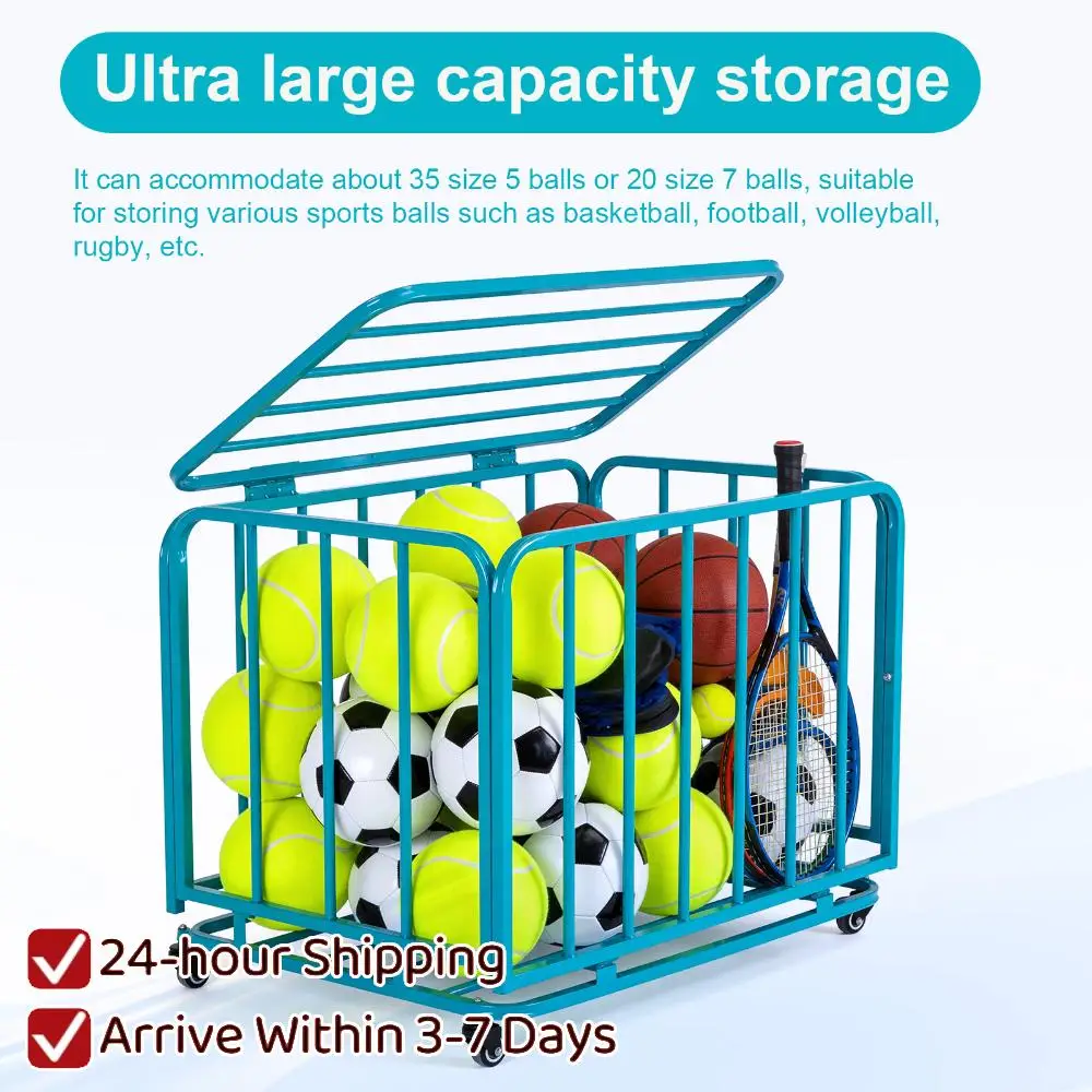 

Folding Sports Equipment Organizer Storage Basket with Wheels and Lid Metal Rolling Ball Cart for Garage School Kindergarten