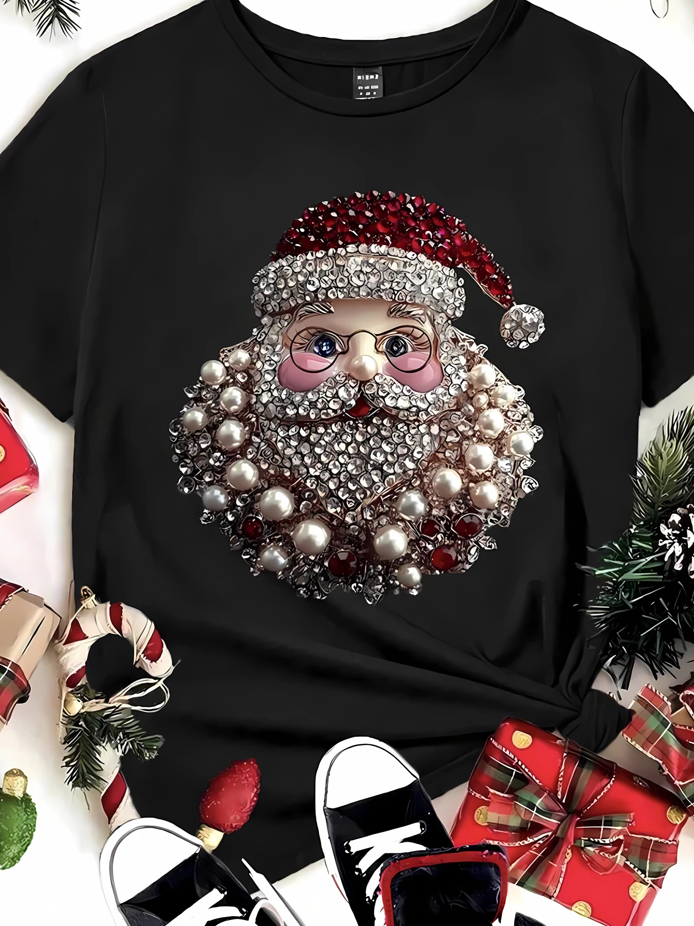 Glasses Santa Claus pattern print T-shirt Fashionable  women's top Summer short-sleeved women's top