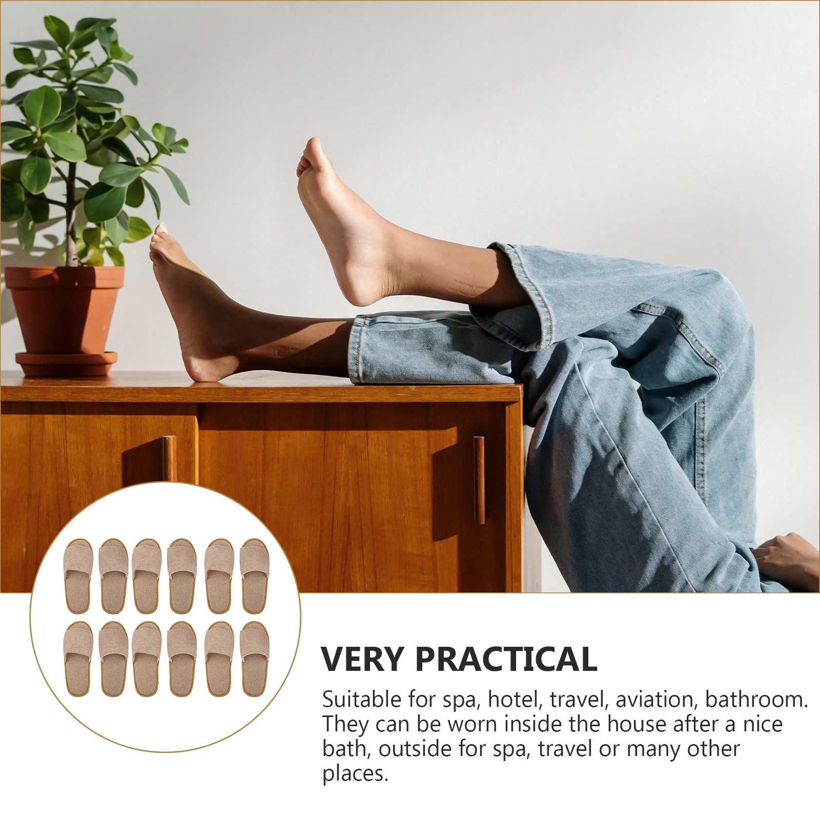 

6 Pairs Anti-slip Disposable Slippers Cloth Guest Shoes Spa Hotel Travel Large Size Open Toe Design Breathable Linen Sole Non