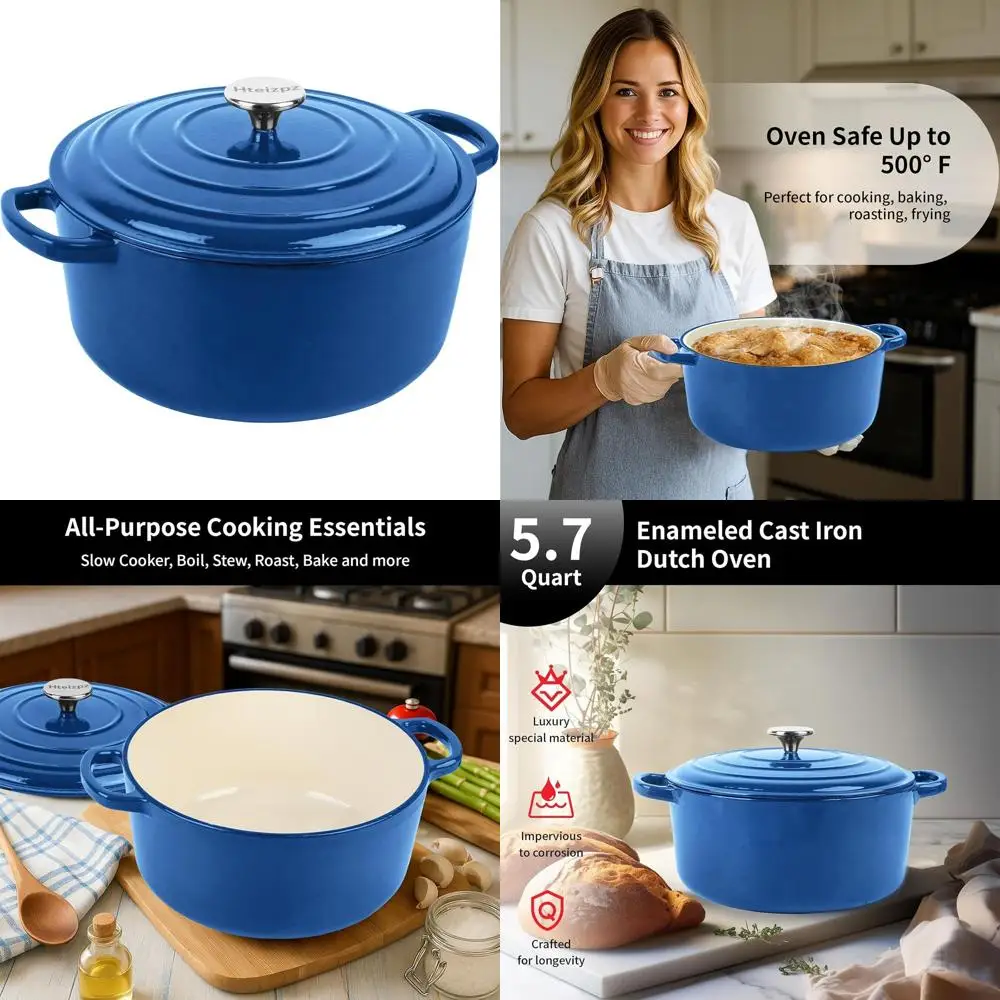 

Blue 5.7 Qt Enamel Cast Iron Dutch Oven with Lid, Perfect for Bread Baking and Oven Use up to 500°F