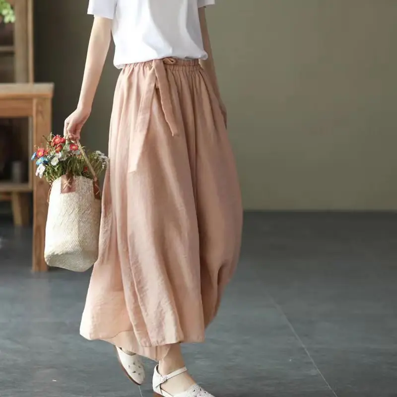 Casual Silk Linen Wide Leg Pants Women Loose High Waist Nine Points Pants Double Layer Draped Style Summer Commute Fashion