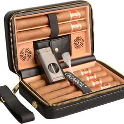 Cigar Humidor, Cedar Wood Cigar Case with Lighter, V Cut Cigar Cutter,Cigar Holder 3 in 1 Travel Humidor Box