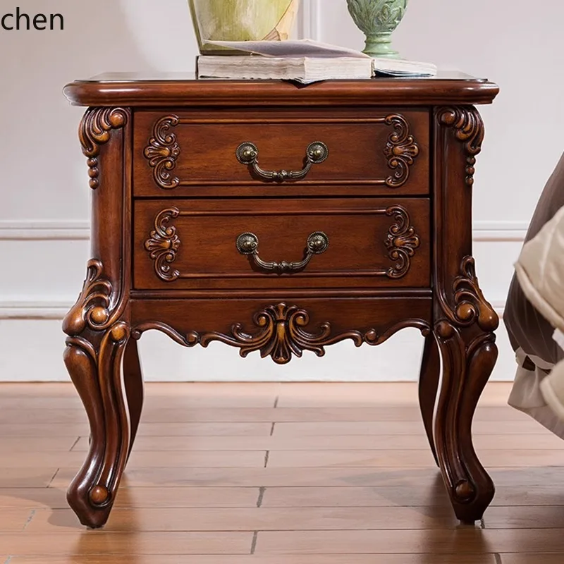 HXL Solid Wood Carved Bedside Cabinet Bedroom Storage Nightstand
