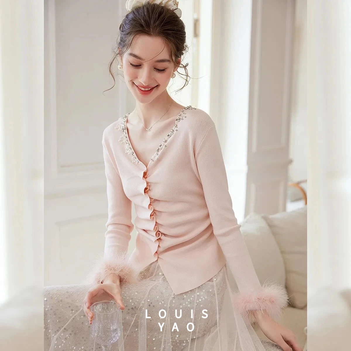 LOUISYAO Beaded Pleated Knit Cardigan Women 2025 Autumn New Hairy Cuffs Elegant V-Neck Long Sleeve Knitwear Top Hot Sale