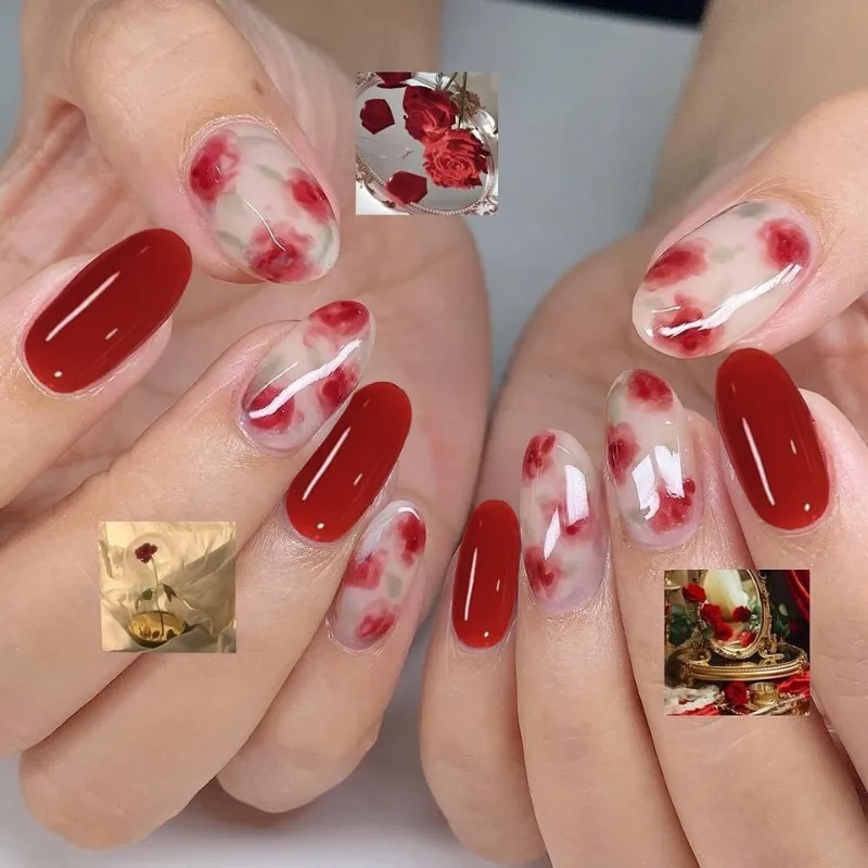 

24PCS Magenta Smudging French Oval False Nails Watercolor Rose Almond Press on Nails Full Cover Wearable Fake Nails Manicure Art