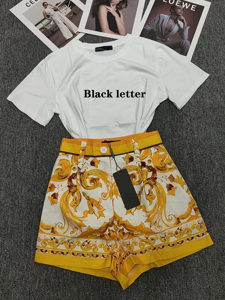 Vintage embroidery letter short sleeve T-shirt two-piece 2024 summer women\'s new + high waist straight short fashion suit