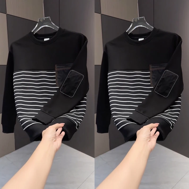 

Мужская модная полосатая толстовка с длинным рукавом, осень 2025, повседневная, универсальная, в корейском стиле, с круглым вырезом, свободного кроя, для подростков