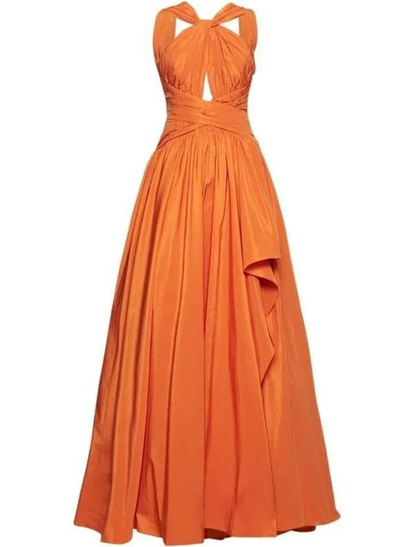 Vestidos de noite longos laranja vintage com bolsos evasê فسات İudenНaté o chão vestido de baile plissado para mulheres