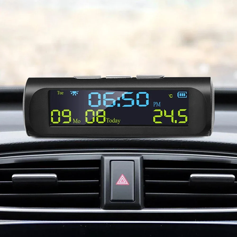 AN01 Solar LCD Car Digital Clock With Date Week Time Built-in Lithium Battery Voltage Meter Solor Charging Car Clock No Charge