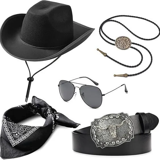 Chapéu de cowboy ocidental colar cinto chapéu de feltro tibetano estilo étnico masculino feminino conjunto de acessórios para adulto