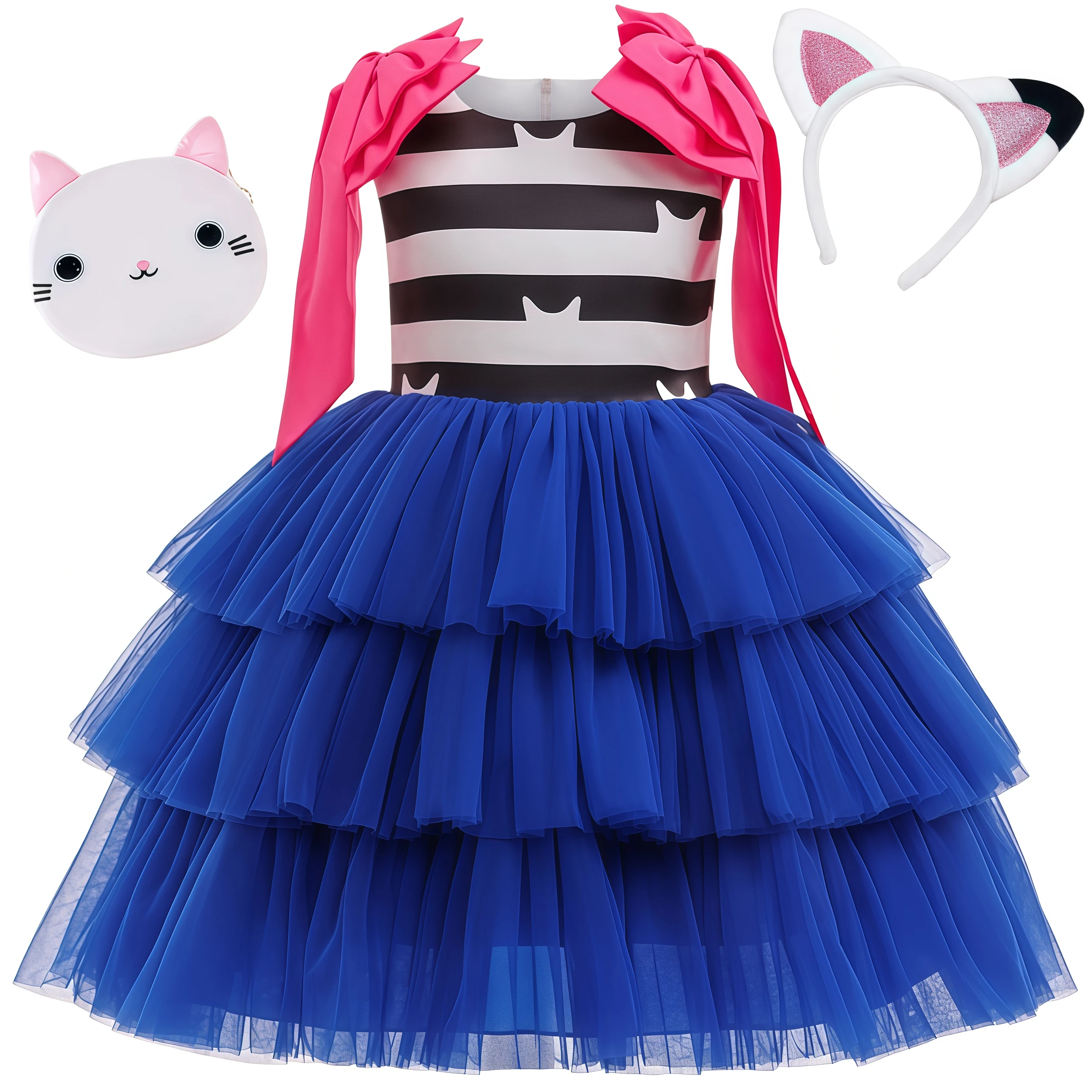 

Girls Striped Cat Cosplay Dress with Headband Toddler Layered Dress 3pcs Kids costume Halloween Birthday Party Outfit for 3-8Y
