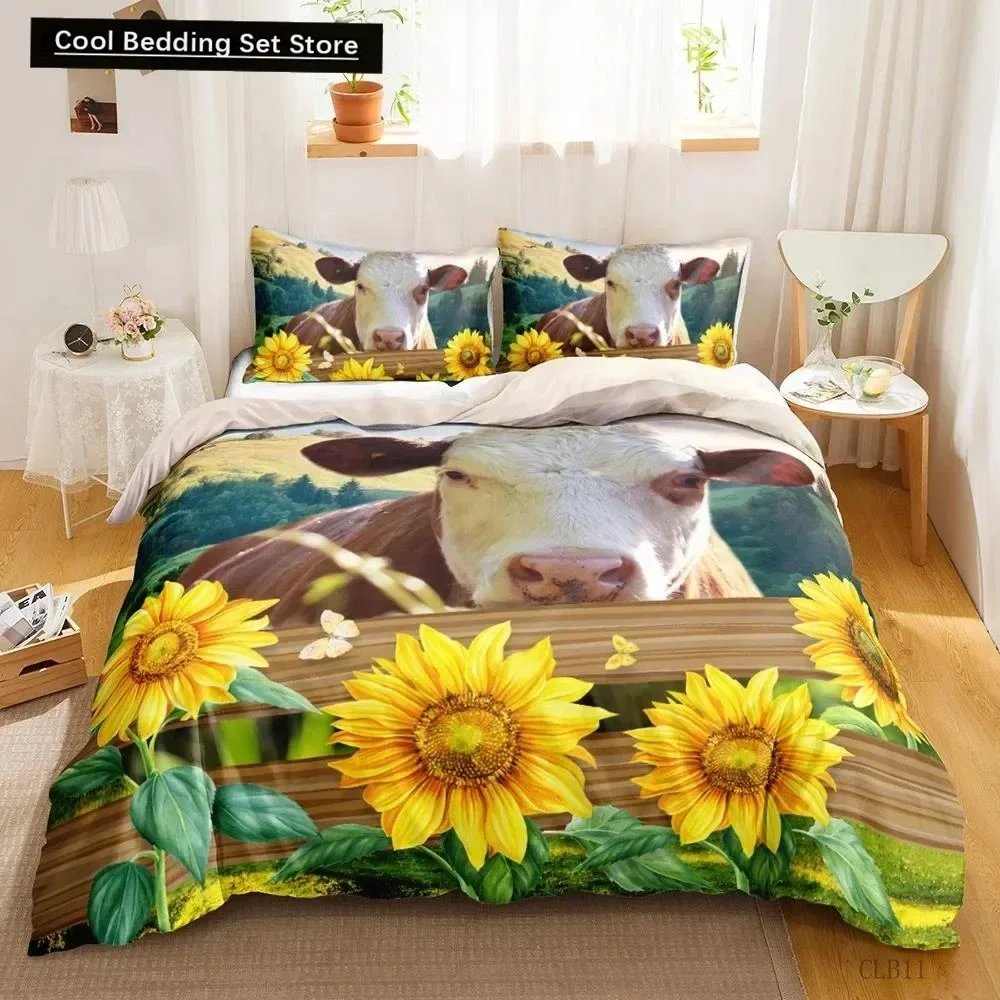 

Cow Print Duvet Cover Animal Cow Doodle Cartoon Drawing Farming Husbandry Sunflower Polyester Twin Queen King Size Bedding Set