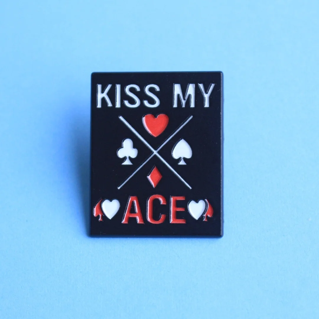 Kiss My Ace - Black Playing Card Design Enamel Pin with Red Heart & Gem, Zinc Alloy Brooch