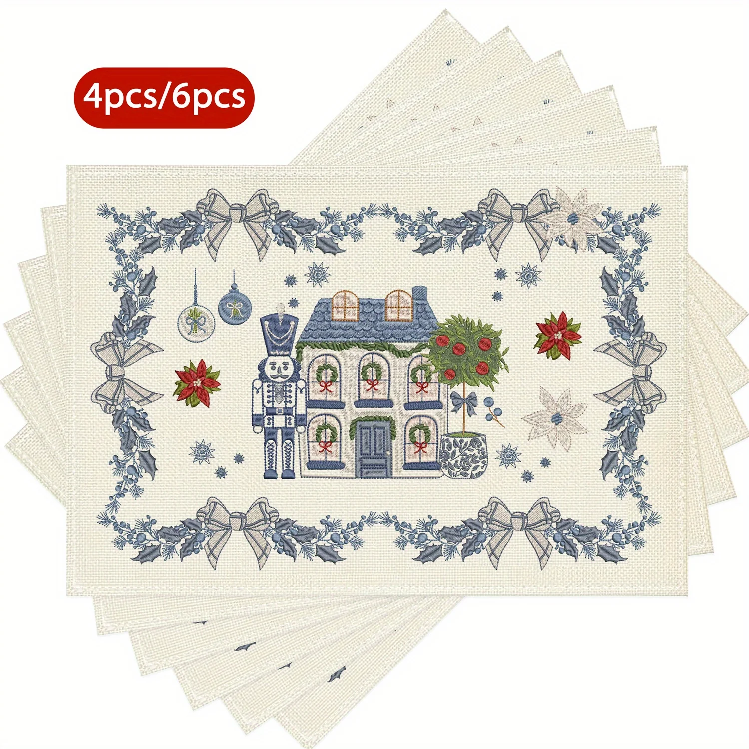 VIKAMA 4/6PC Weihnachtsmatte Blaue und weiße Winterblätter Schneeflocke Weihnachtshaus Nussknacker Tischthema Restaurantdekoration