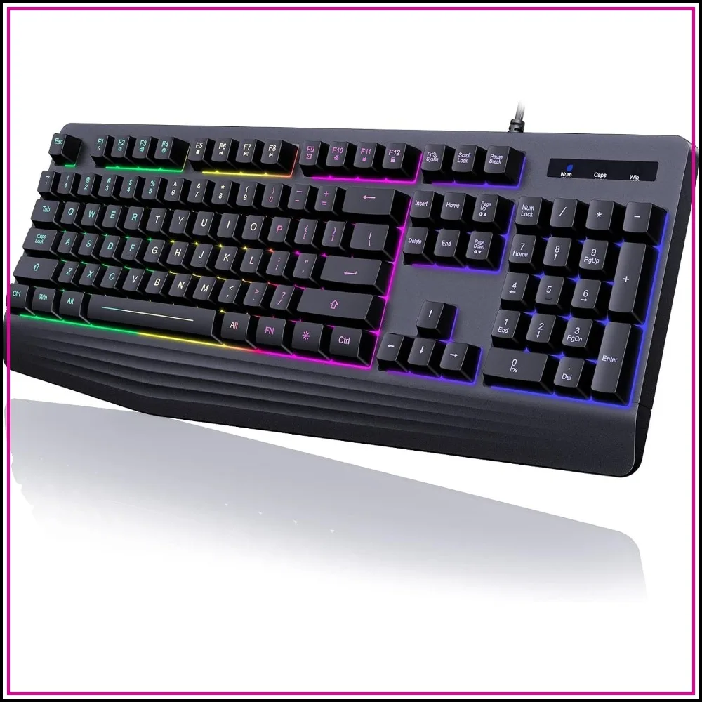 Rainbow LED Backlit Gaming Keyboard, 104 Keys Quiet Membrane, Wrist Rest, Anti-Ghosting, Waterproof USB Wired for PC Mac Xbox