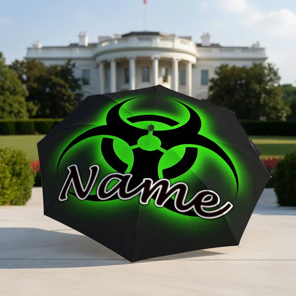 Custom Name Umbrella Green Glow Biohazard Symbol Print Folding Umbrella Compact Portable Travel Parasol