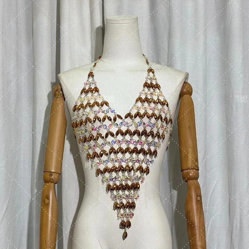 

Faionable Yan Ni Bead New Gem Chain Women's Bal Vest Strap Ne Hanging Chest Decoration Trendy Commute Sle Slim Fit