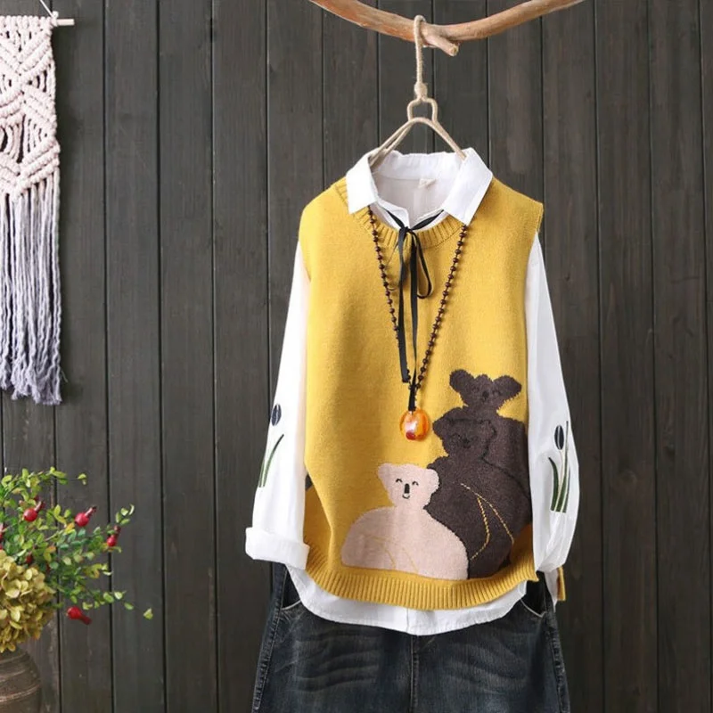 Spring Knitted Vest Women's Loose Fashionable Early Spring Autumn Sweater Shoulder Pad round Neck Plant Floral Print Commute ...