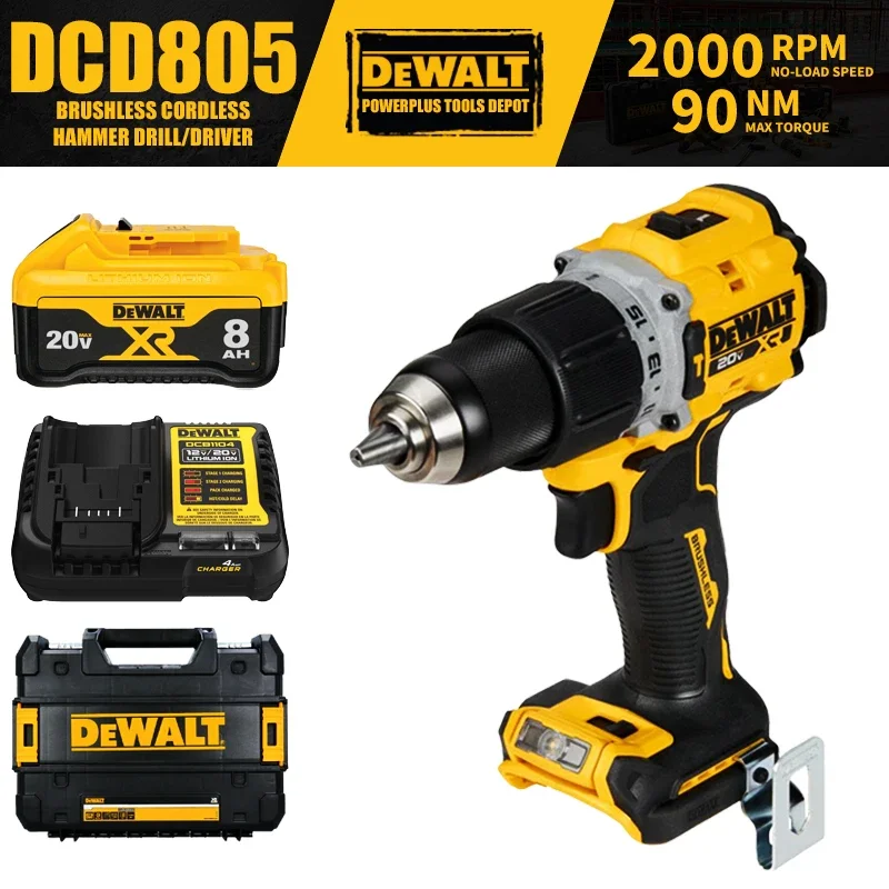 Комплект DeWalt DCD805, 1/2 дюйма, бесщеточная аккумуляторная ударная дрель, электроинструменты 20 В, 2000 об/мин, 90 нм, 34000 дюйма, с зарядным устройством