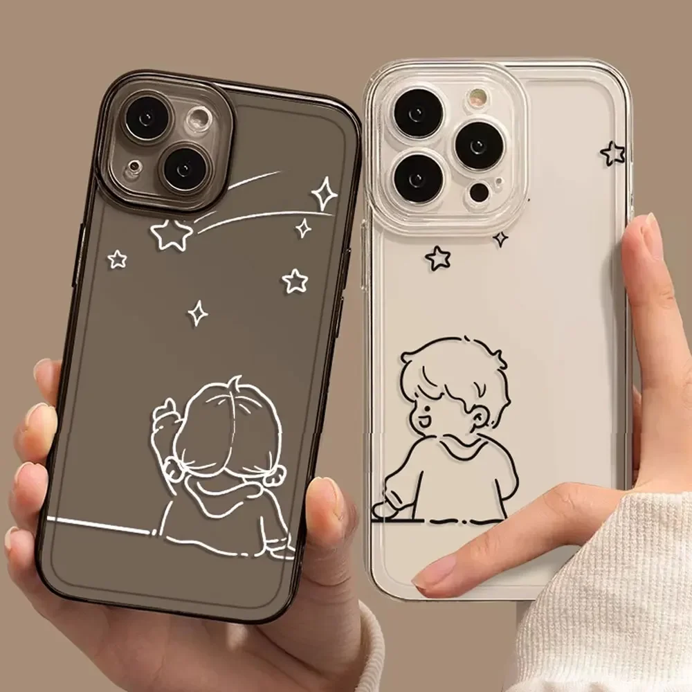 Coque de téléphone transparente pour couple, coque souple, jolie esthétique, garçon et fille, iPhone 16 15 14 13 12 11 Pro Max Mini XS X Poly Plus, Art Line Funda