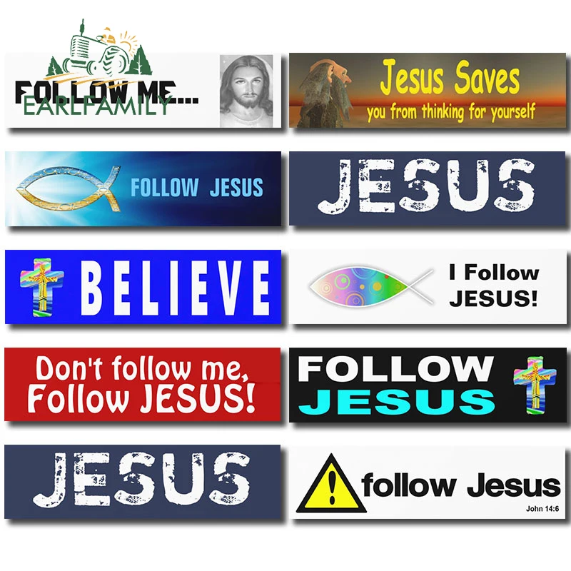 EARLFAMILY 13cm for Follow Jesus Believe Gold Car Sticker Air Conditioner Decal Windshield Interesting Warning Laptop Decoration