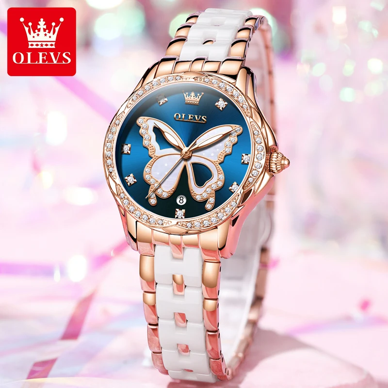 OLEVS Women Watch Luxury Butterfly Diamond Rose Gold Ceramics Steel Watches Quartz Waterproof Luminous Ladies Wristwatches