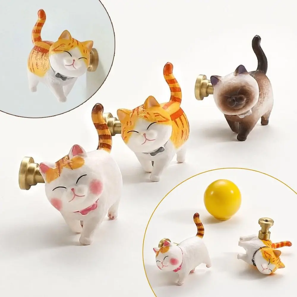 New Cartoon Cat Resin Drawer Pulls Copper Base Anti-Rust Cabinet Knobs Resin Decorative Furniture Knobs Wardrobe Door