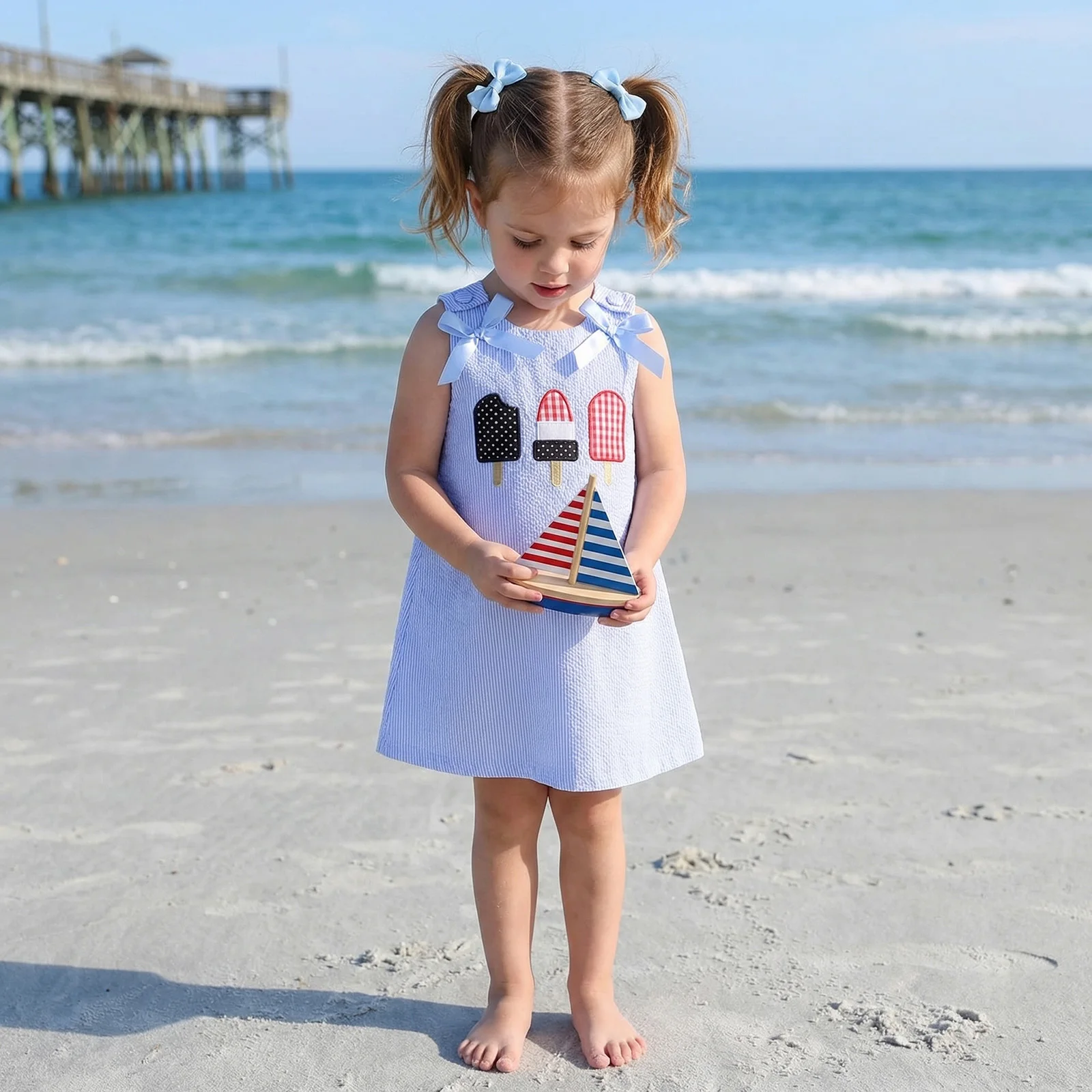 4th of July Dress for Toddler Baby Girl Sleeveless Crew Neck Popsicle Embroidery Bow Decor A Line Patriotic Dress 1-5Y