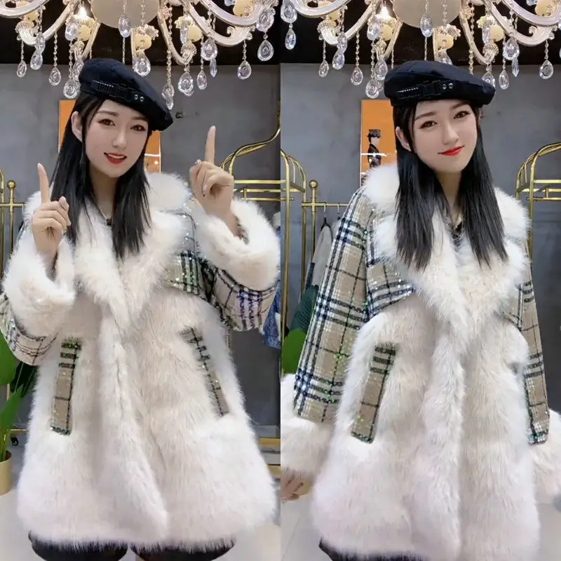 Faux Fur Coat for Women,Sequins Jacket,Covered Button Loose Long Overcoat, Thick Warm Female Clothing,New,High Quality,Winter