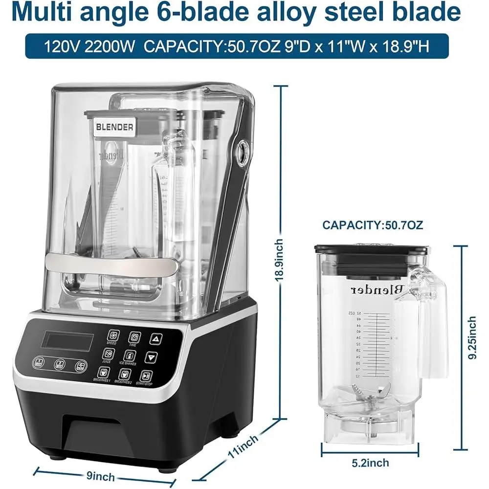 خلاط تجاري 2200 وات، محرك هادئ بدون فرشاة، خلاط كونترتوب ذاتي التنظيف، متعدد السرعات، عصائر عصير الآيس كريم