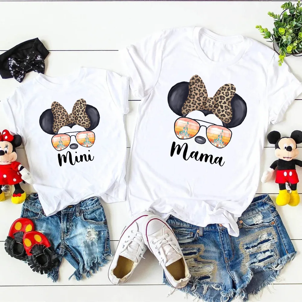 Funny Leopard Minnie Mouse Print Mother Kids T-Shirt Baby Bodysuit Cotton Summer Look Mama and Mini Family Matching Outfits