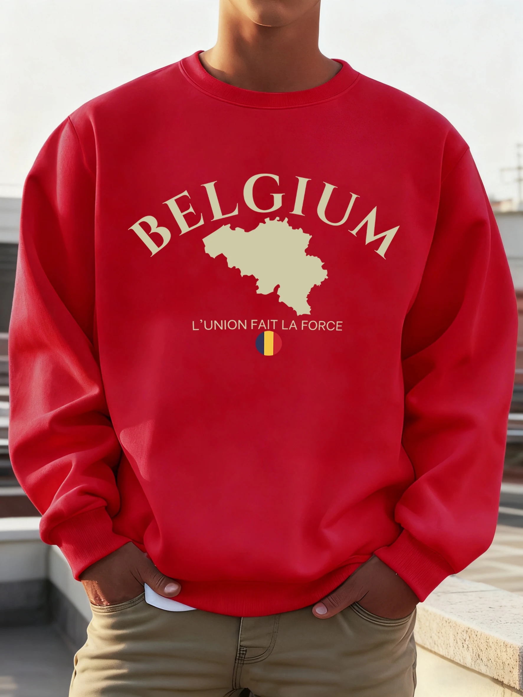 Sudadera con estampado de Bélgica L'Union La Force para hombre, ropa de moda con cuello redondo, jersey cálido de lana para otoño, ropa deportiva Vintage holgada Unisex