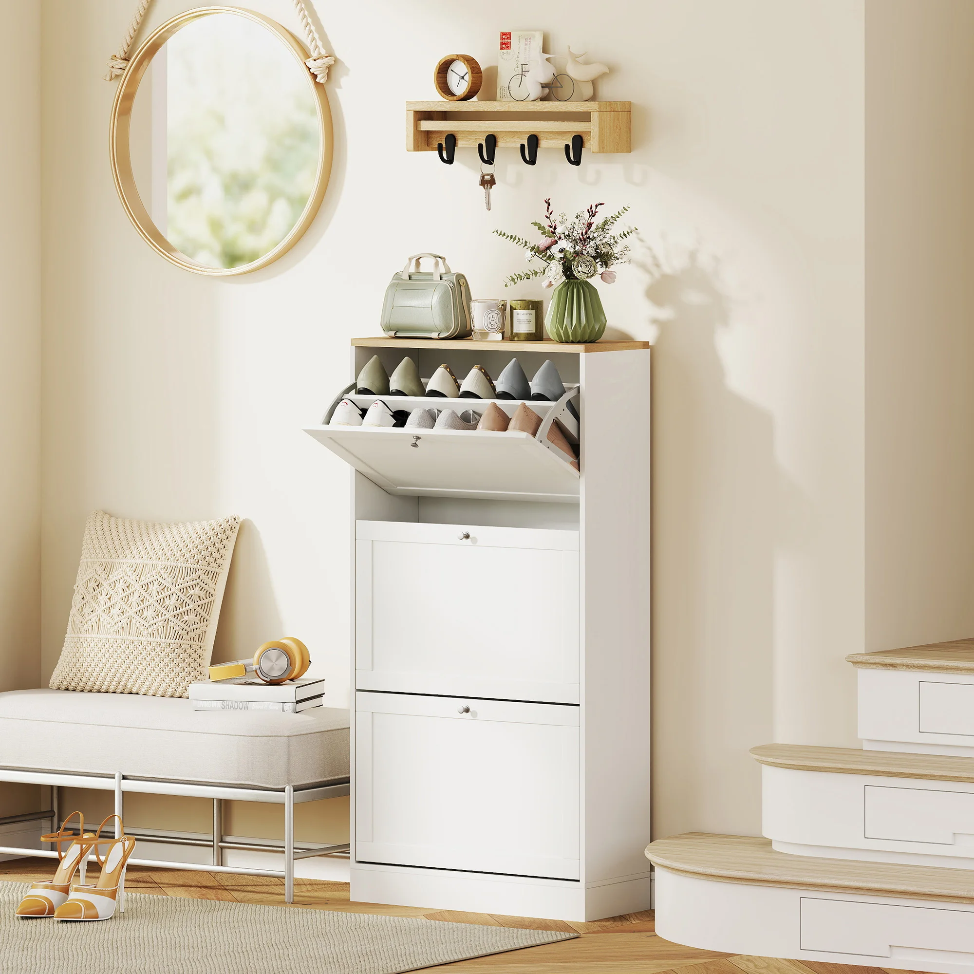 HOMCOM Shoe Storage Cabinet with 3 Flip Drawers, Wooden Freestanding Shoe Organizer with Adjustable Shelves for Entryway, Hallway, White