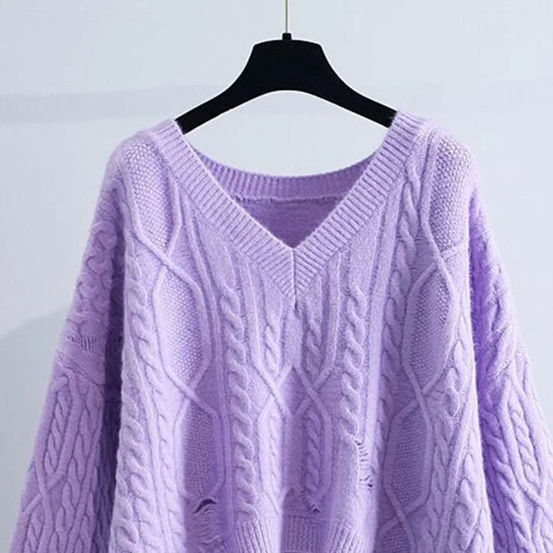 Lazy Style Irregular Knitted Sweater Women Casual Loose Long Sleeve V-Neck Jumper Tops Autumn Winter Thick Warm Jersey Pullover