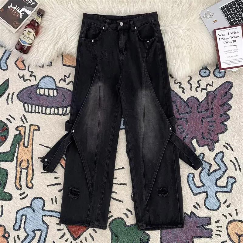 

Мужские джинсы в стиле ретро, с эффектом поношенности, в американском уличном стиле, с дизайнерским деконструктивным пэчворком, прямые, широкие, длинные