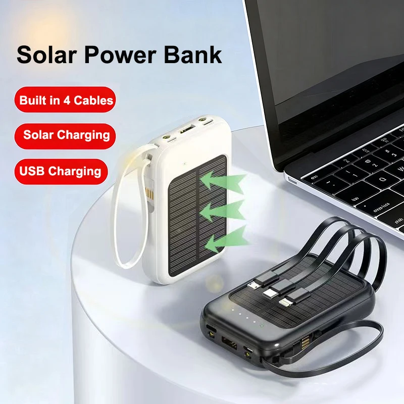 

Mini Solar Power Bank 20000mAh Built in Cable Portable Charger External Battery Powerbank for iPhone 16 15 Xiaomi Samsung Huawei
