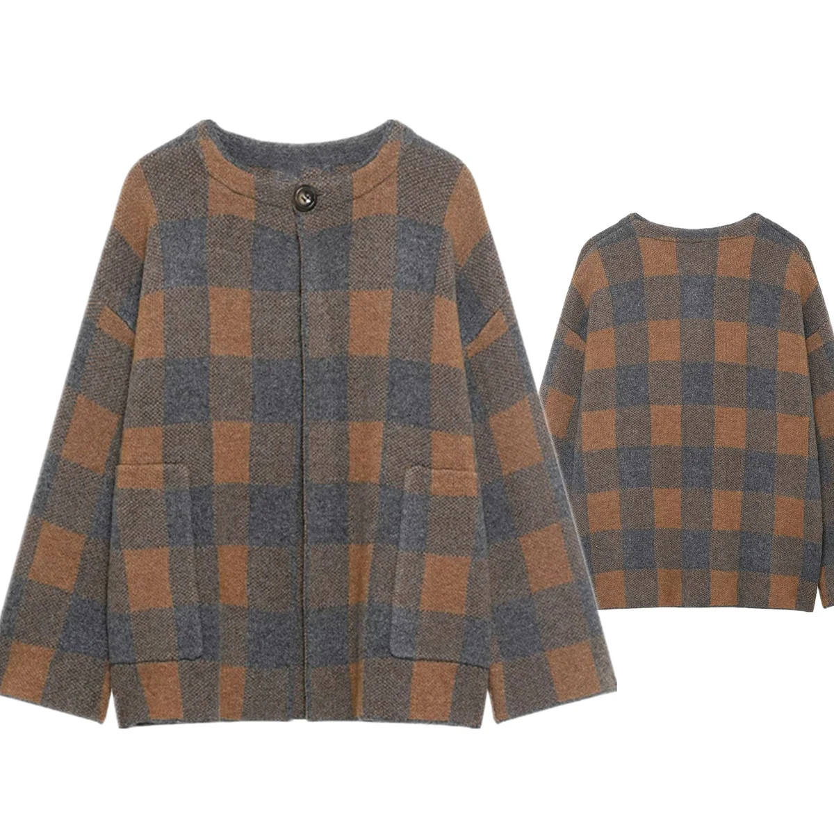 

Jenny & Dave, элегантная клетчатая куртка в французском минималистском стиле с круглым вырезом, женское вязаное пальто, женская куртка, женская одежда, топы