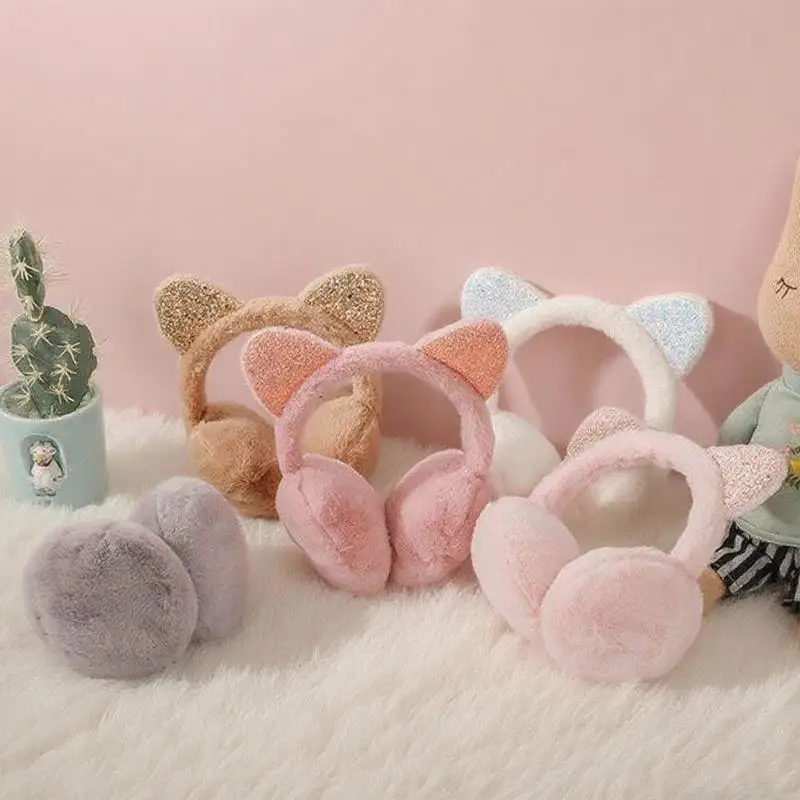 

Cute Sequin Plush Cat Ear Earmuffs Women Girls Fluffy Earflap Warmers Outdoor Earmuffs Fluffy Earflap Headband Ear Cover