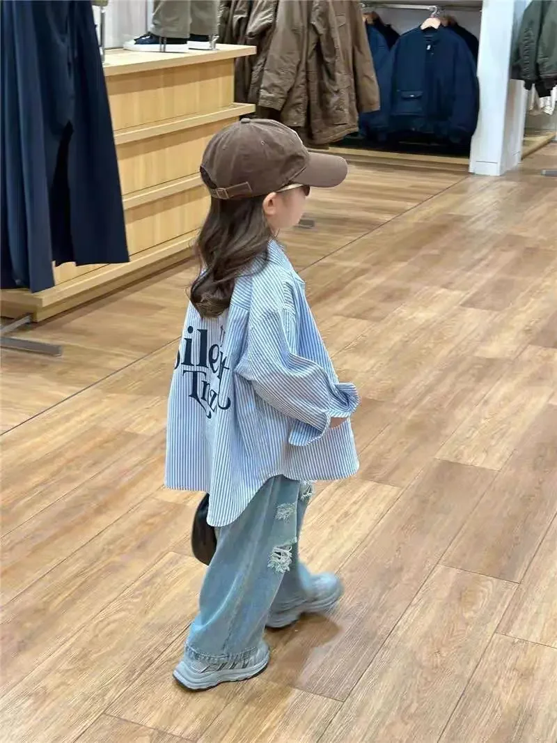 

New Korean Girls' Letter Printed Striped Shirt Piercing Jeans Two Piece Set Children's Clothes Set Spring