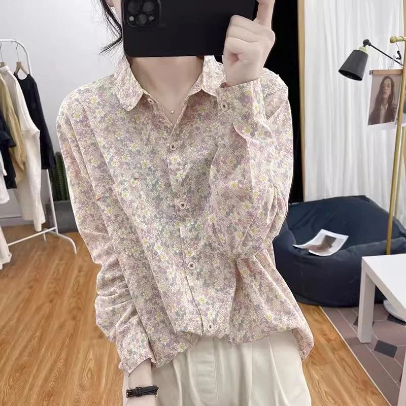 

Women's Floral Print Long Sleeve Shirt Casual Loose Fit Lapel Button Down Blouse Lightweight Summer Top