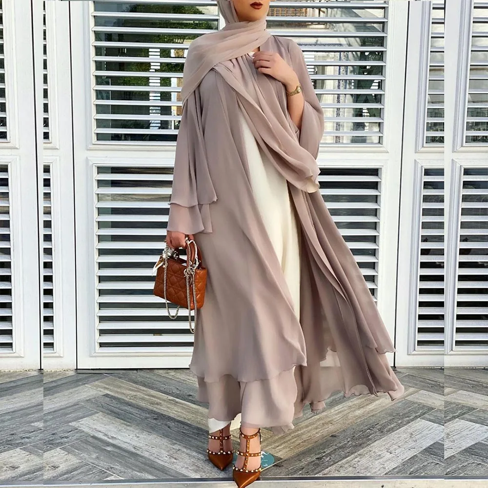 

Middle East new Muslim women pure color dress Dubai Turkey Cardigan chiffon robe Islamic temperament elegant women's clothing