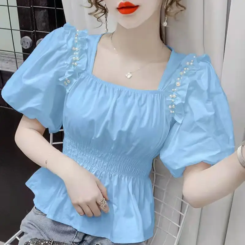 Sweet Ruffles Beading Shirring Puff Sleeve Blouse Female Clothing 2023 Summer New Oversized Casual Tops Office Lady Shirt