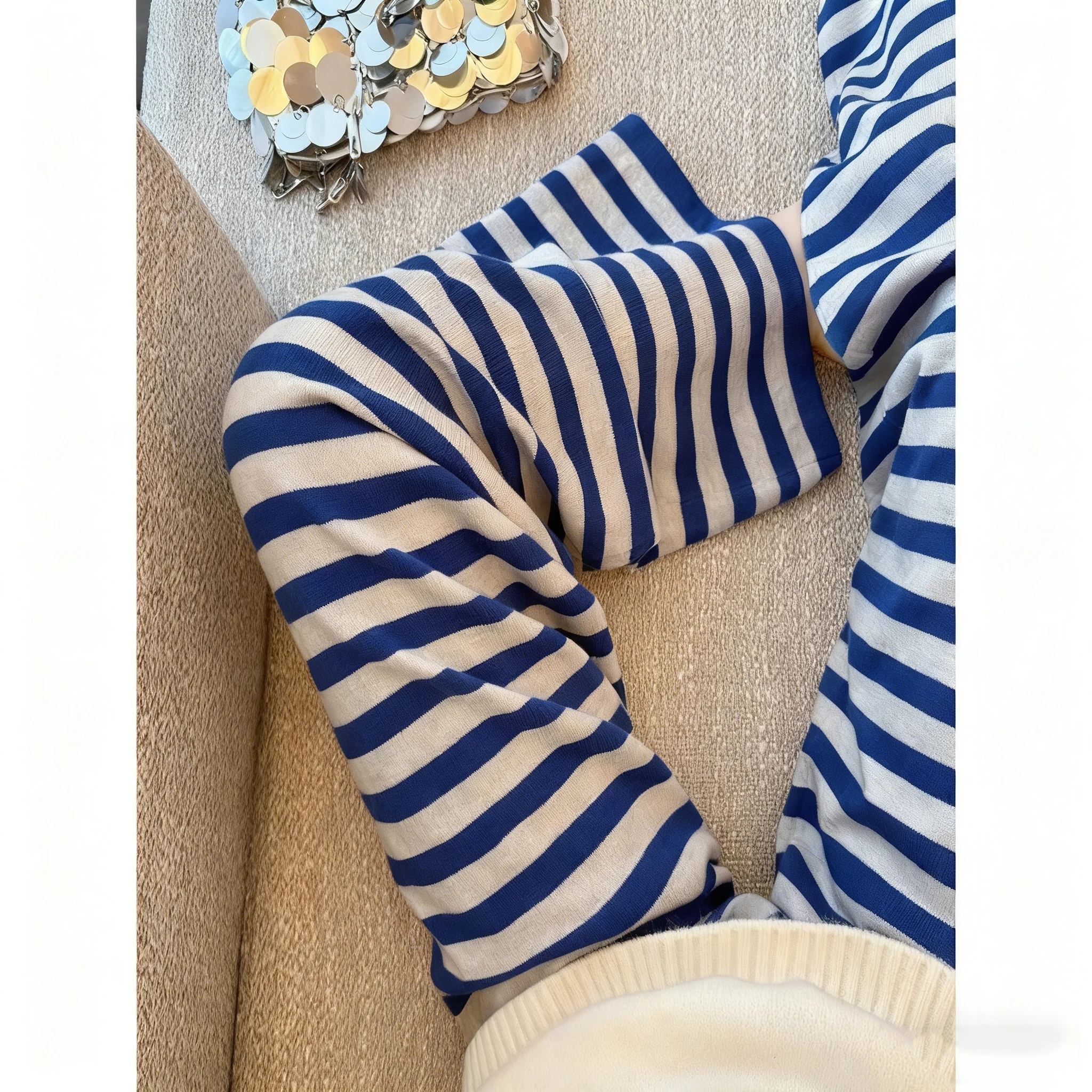 レディース トレンディ ブルー＆ホワイト ワイドストライプ ニットパンツ - ルーズフィット ハイウエスト ワイドレッグ トラウザーズ、快適なカジュアルパンツ 秋冬