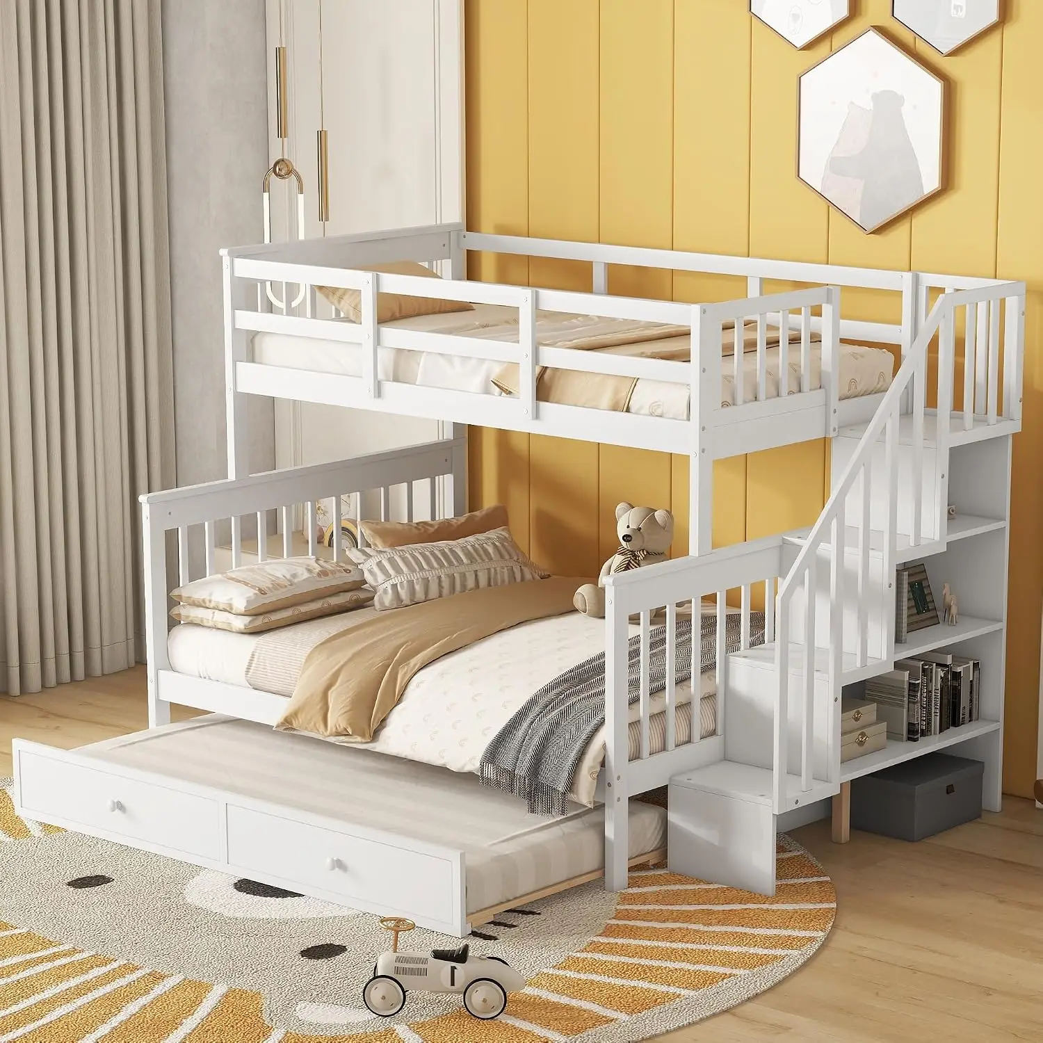 Twin Over Full Bunk Bed with Trundle, Solid Wood Frame with Stairway Storage & Guard Rail for Bedroom Dorm, Customized