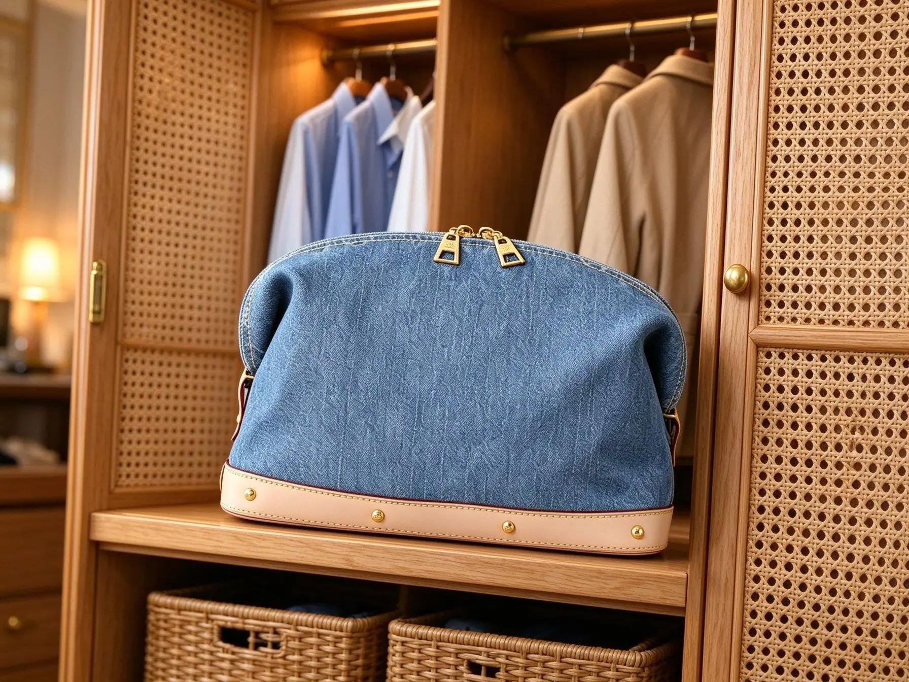 Fashion Women Denim Splicing PU Leather Shell Bag Curved Silhouette Zipper Closure Daily Shopping Messenger Purse